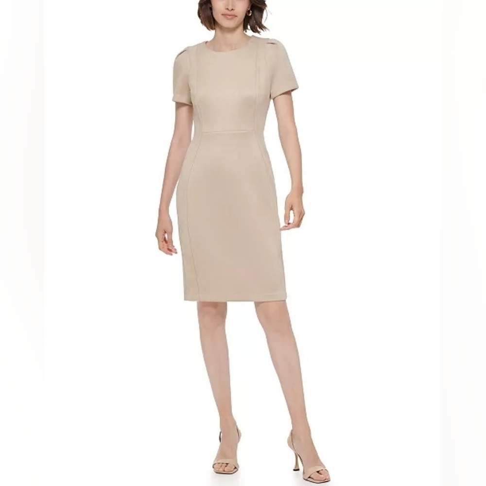 Calvin Klein Faux Suede Tulip Sleeve Sheath Dress 4 Knee Length Business Casual